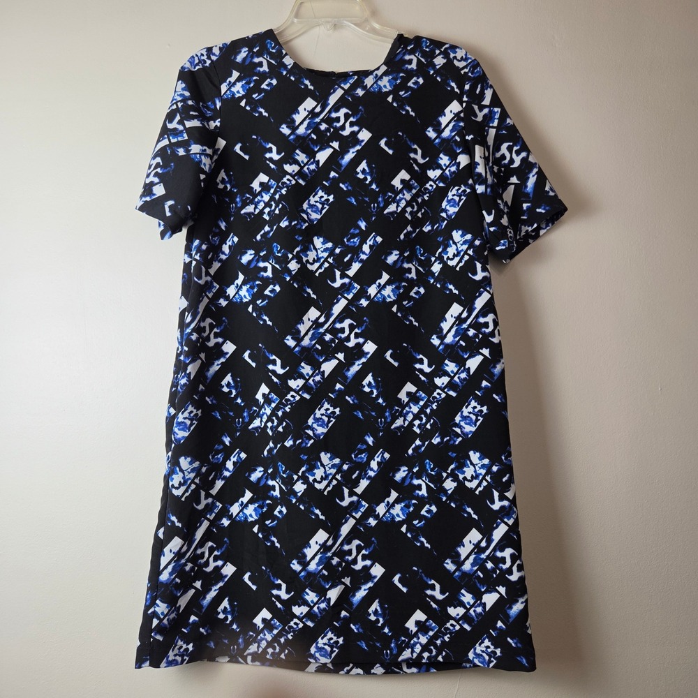 Mossimo Black Blue Abstract Geometric Shift Dress Womens Medium Short Sleeve M